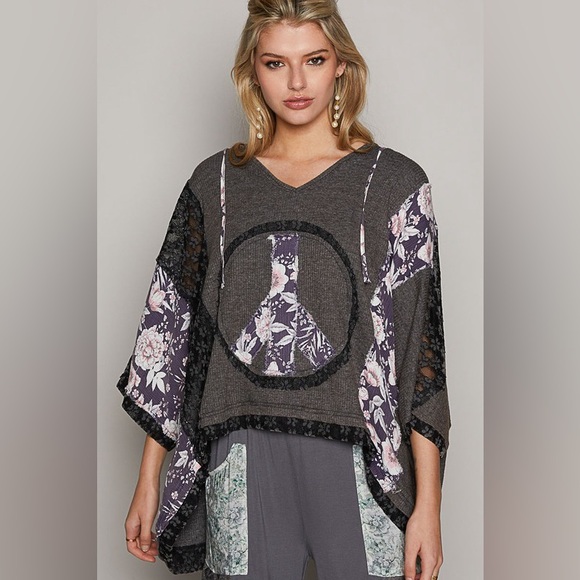 126B. Oversized Floral Peace Patch Lace Top - Charcoal Black - Picture 2 of 4